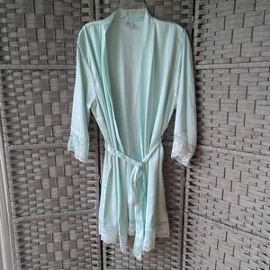 Mint Green Lace Trim Long Sleeve Robe Satin Lingerie Womens OS Coquette Budoir
